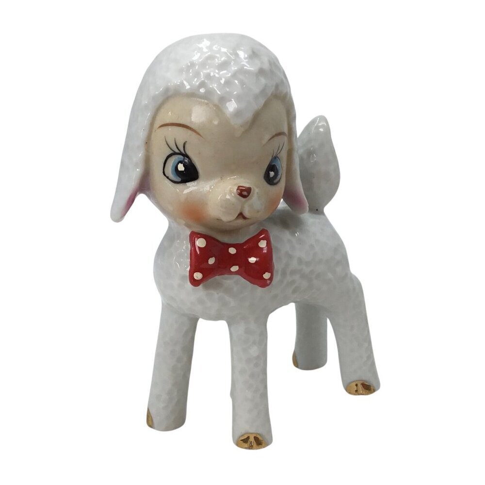 Vintage Athropomorphic White Lamb Red Bow Tie Figure Figurine Japan MCM 50s 60s - Picture 2 of 10